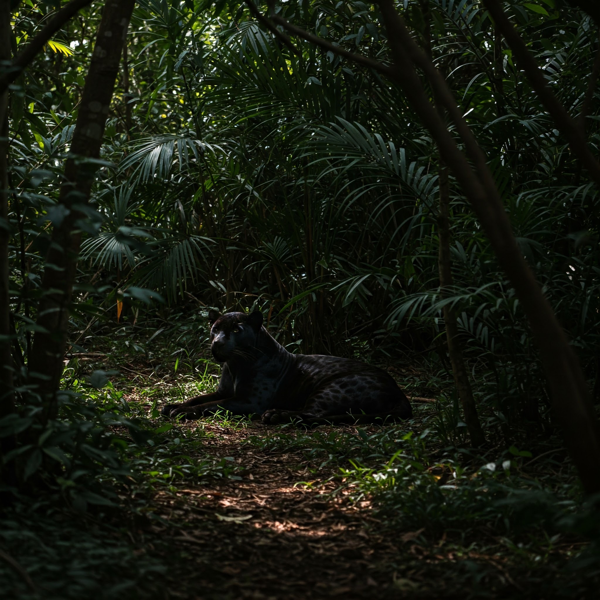 photo of Black Panther Lying in a Lush Jungle
